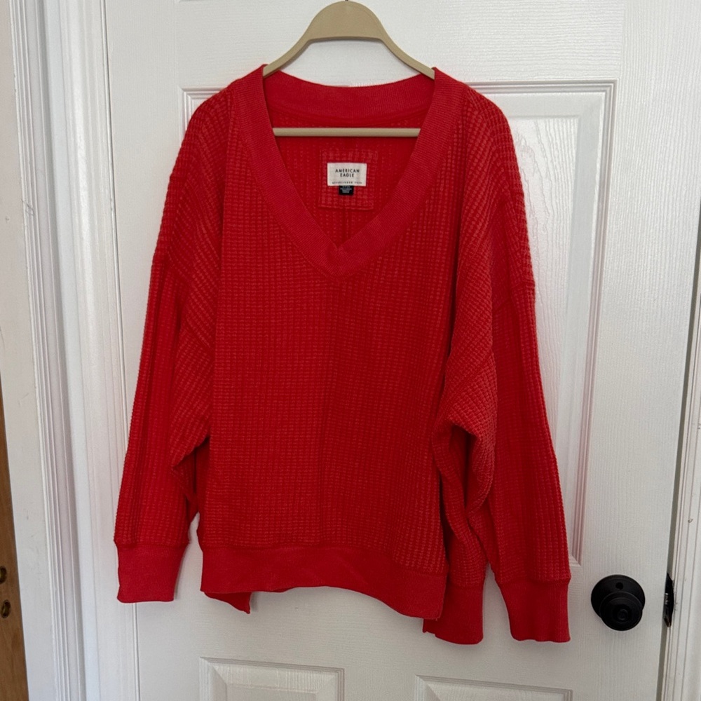 American Eagle Outfitters Bright Red V-Neck Waffle Knit Sweater